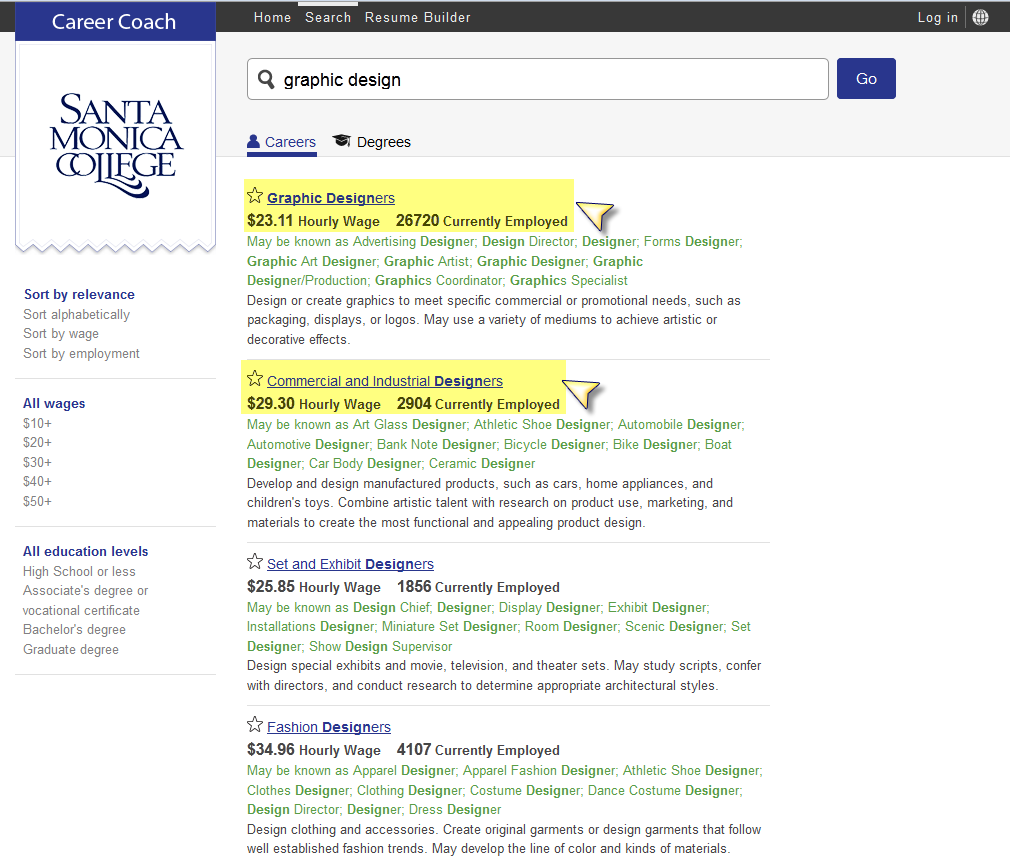 Career Coach search results screen shot