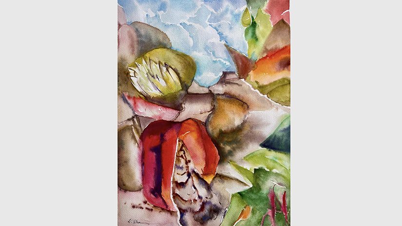 “Lost in Nature” (watercolor, 16 x 12 inches, NFS) by Leyla L. Shams, from “The Ongoing Moment: Literature and Art from SMC Emeritus.”